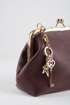 Kadın Bordo Anahtar Charm Hediyeli Burs Kapama Astarlı El Kol Ve Omuz Çantası