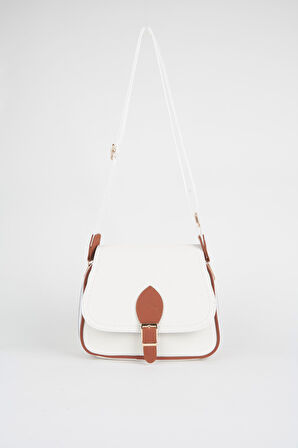 Kadın Yonca Beyaz Taba 4 Cepli Kapaklı Fermuar ve Çıt Çıt Kapama Kol Ve Omuz Çantası