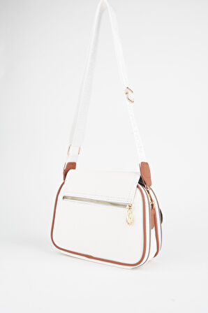 Kadın Yonca Beyaz Taba 4 Cepli Kapaklı Fermuar ve Çıt Çıt Kapama Kol Ve Omuz Çantası