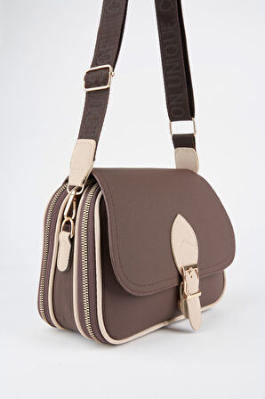 Kadın Yonca Kahverengi Vizon 4 Cepli Kapaklı Fermuar ve Çıt Çıt Kapama Kol Ve Omuz Çantası