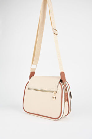 Kadın Yonca Krem Taba 4 Cepli Kapaklı Fermuar ve Çıt Çıt Kapama Kol Ve Omuz Çantası