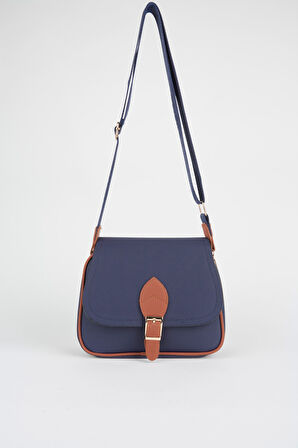 Kadın Yonca Lacivert Taba 4 Cepli Kapaklı Fermuar ve Çıt Çıt Kapama Kol Ve Omuz Çantası