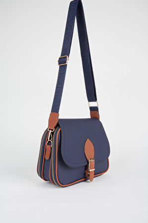 Kadın Yonca Lacivert Taba 4 Cepli Kapaklı Fermuar ve Çıt Çıt Kapama Kol Ve Omuz Çantası