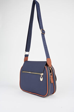 Kadın Yonca Lacivert Taba 4 Cepli Kapaklı Fermuar ve Çıt Çıt Kapama Kol Ve Omuz Çantası