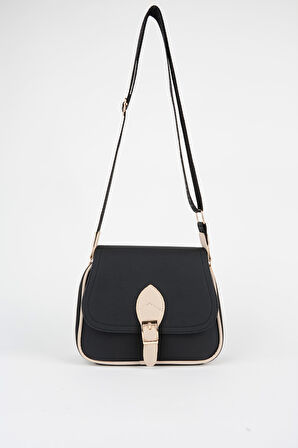 Kadın Yonca Siyah Vizon 4 Cepli Kapaklı Fermuar ve Çıt Çıt Kapama Kol Ve Omuz Çantası