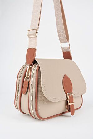 Kadın Yonca Vizon Taba 4 Cepli Kapaklı Fermuar ve Çıt Çıt Kapama Kol Ve Omuz Çantası