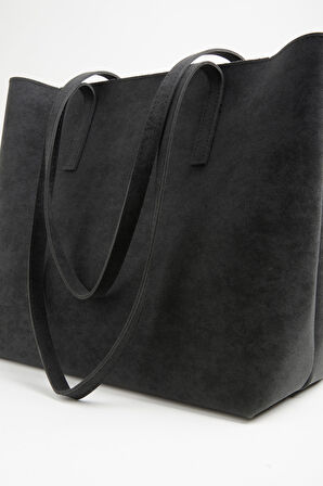 Kadın Açelya Siyah Nubuk Büyük Boy Fermuar Kapama El Ve Kol Çantası