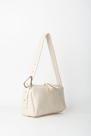 Kadın Hatmi Krem Baget Tasarım Askılı Astarlı Rugan Suni Deri Fermuar Kapama El Ve Omuz Çantası
