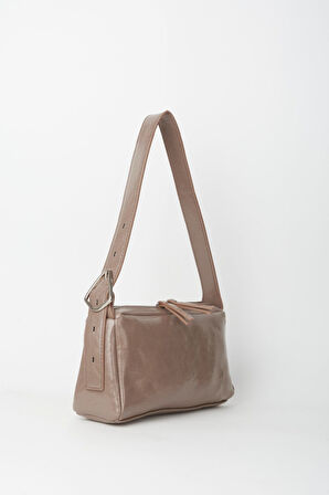 Kadın Hatmi Koyu Vizon Baget Tasarım Askılı Astarlı Suni Deri Fermuar Kapama El Ve Omuz Çantası