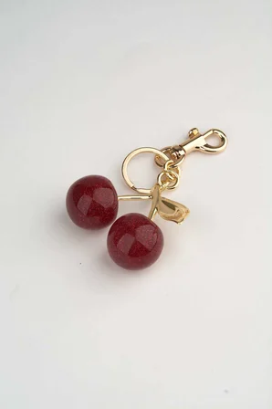 Kırmızı Kiraz Parlak Gold Charm Çanta Aksesuarı Figürlü Set