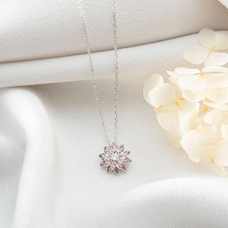 Vaoov 925 Ayar Gümüş Pembe Taşlı Lotus Hediye Kolye