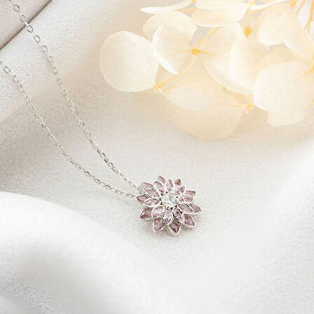 Vaoov 925 Ayar Gümüş Pembe Taşlı Lotus Hediye Kolye