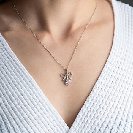 Vaoov 925 Ayar Gümüş Pembe Kalp Taşlı Kurdele Kolye