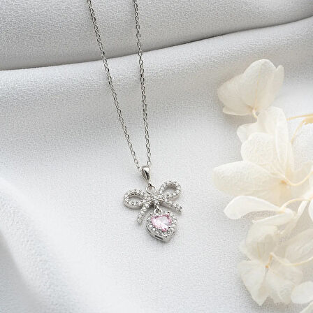 Vaoov 925 Ayar Gümüş Pembe Kalp Taşlı Kurdele Kolye