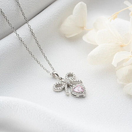 Vaoov 925 Ayar Gümüş Pembe Kalp Taşlı Kurdele Kolye