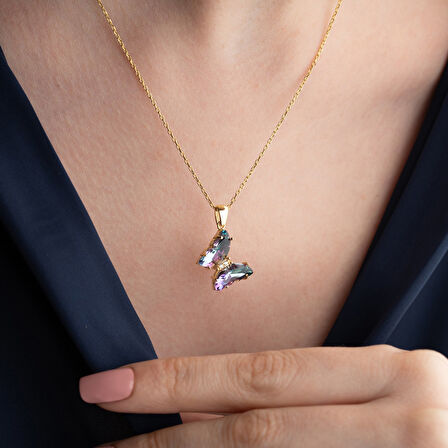 Vaoov 925 Ayar Gümüş Mistik Topaz Taşlı Kelebek Kolye