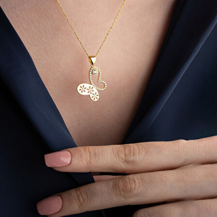 Vaoov 925 Ayar Gümüş Çiçek Desenli Taşlı Kelebek Kolye