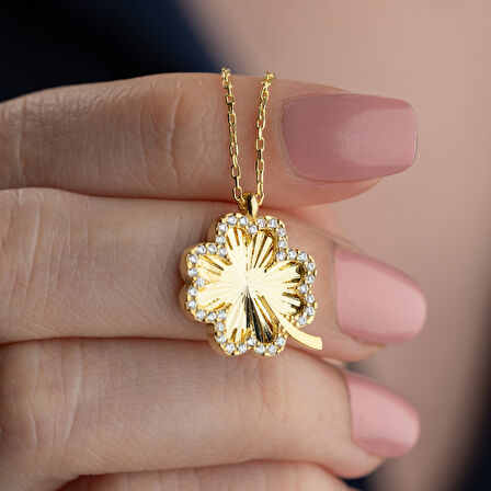 Vaoov 925 Ayar Gümüş Dokulu ve Taşlı Yonca Kolye