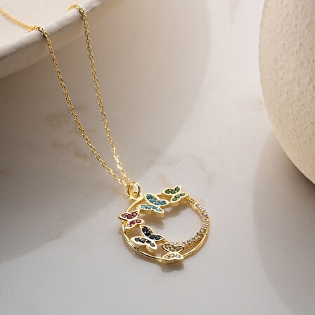 Vaoov 925 Ayar Gümüş Renkli Taşlı Kelebek Kolye