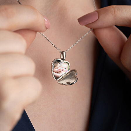 Vaoov 925 Ayar Gümüş Fotoğraflı Kişiye Özel İsimli Kalp Kolye