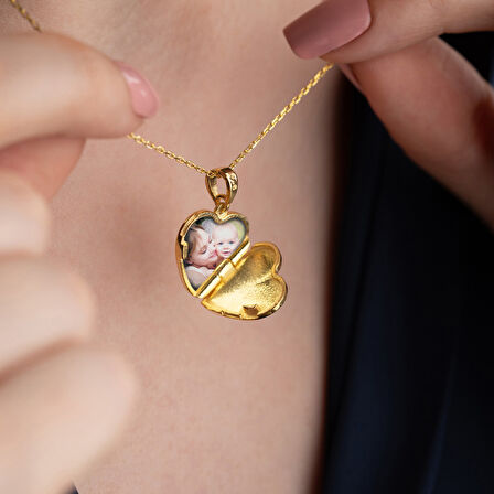 Vaoov 925 Ayar Gümüş Fotoğraflı Kişiye Özel İsimli Gold Kalp Kolye