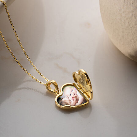 Vaoov 925 Ayar Gümüş Fotoğraflı Kişiye Özel İsimli Gold Kalp Kolye