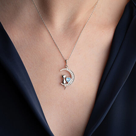 Vaoov 925 Ayar Gümüş Mavi Kalpli Ay ve Kedi Kolye