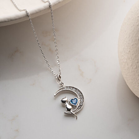 Vaoov 925 Ayar Gümüş Mavi Kalpli Ay ve Kedi Kolye