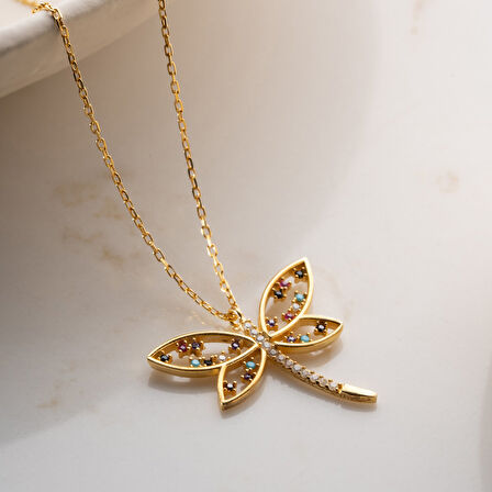 Vaoov 925 Ayar Gümüş Renkli Taşlı Gold Yusufçuk Kolye