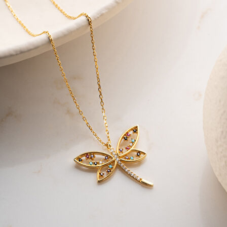 Vaoov 925 Ayar Gümüş Renkli Taşlı Gold Yusufçuk Kolye