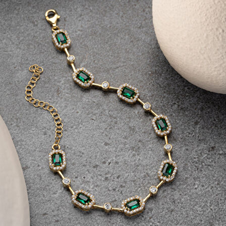 Kadın 925 Ayar Gümüş Zümrüt Taşlı Zarif Bileklik