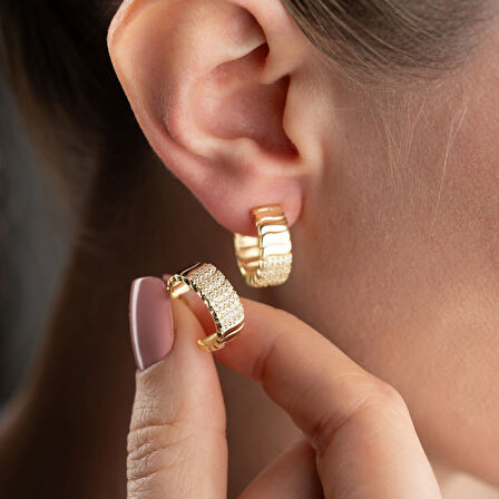 925 Ayar Gümüş Şeritli ve Taşlı Halka Küpe