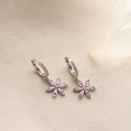 925 Ayar Gümüş Pembe Taşlı Çiçek Küpe