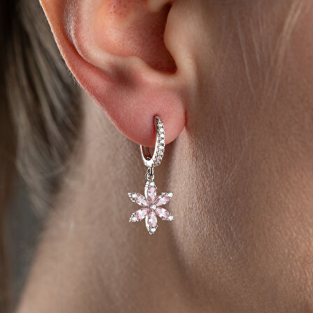 925 Ayar Gümüş Pembe Taşlı Çiçek Küpe