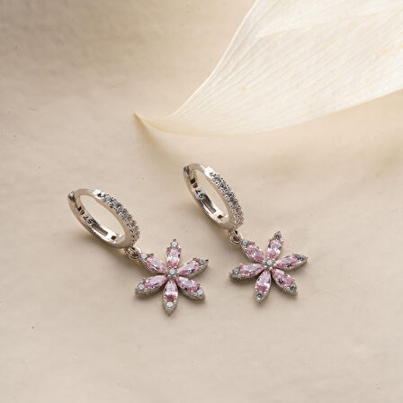 925 Ayar Gümüş Pembe Taşlı Çiçek Küpe