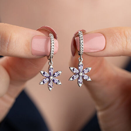 925 Ayar Gümüş Mor Taşlı Çiçek Küpe