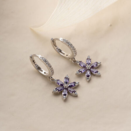925 Ayar Gümüş Mor Taşlı Çiçek Küpe