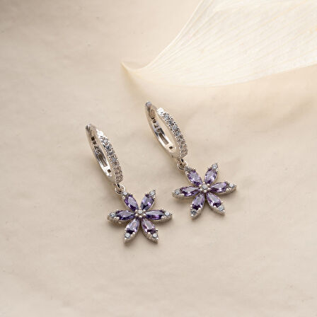 925 Ayar Gümüş Mor Taşlı Çiçek Küpe