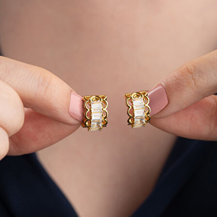 925 Ayar Gümüş Baget Taşlı Minimal Gold Halka Küpe