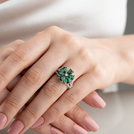 Vaoov 925 Ayar Gümüş Yeşil Taşlı Çiçek Yüzük