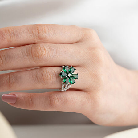 Vaoov 925 Ayar Gümüş Yeşil Taşlı Çiçek Yüzük