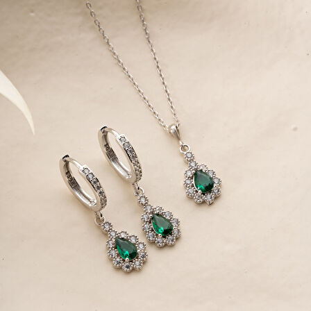 Vaoov 925 Ayar Gümüş Yeşil Damla Taşlı Set