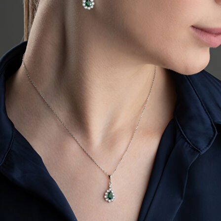 Vaoov 925 Ayar Gümüş Yeşil Damla Taşlı Set