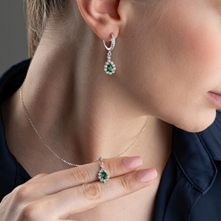 Vaoov 925 Ayar Gümüş Yeşil Damla Taşlı Set