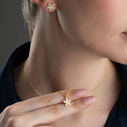 Vaoov 925 Ayar Gümüş Minimal Taşlı Çiçek Set