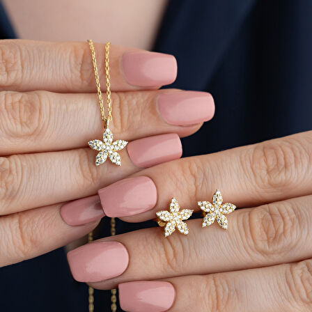 Vaoov 925 Ayar Gümüş Minimal Taşlı Çiçek Set