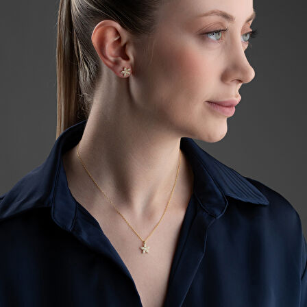 Vaoov 925 Ayar Gümüş Minimal Taşlı Çiçek Set