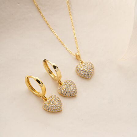 Vaoov 925 Ayar Gümüş 2li Taşlı Kalp Set