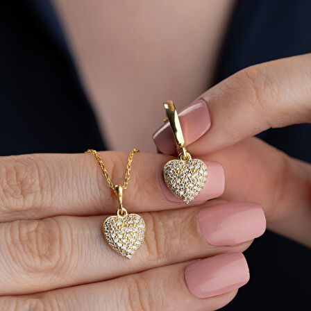 Vaoov 925 Ayar Gümüş 2li Taşlı Kalp Set