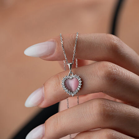 925 Ayar Gümüş Taşlı Bombeli Kedi Pembe Gözü Kalp Kolye